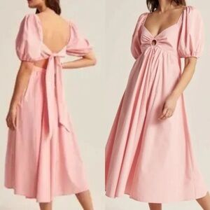Abercrombie & Fitch O-ring Pink Midi Dress with Puff Sleeves